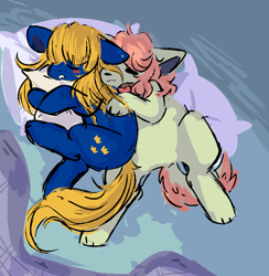 Size: 900x924 | Tagged: safe, artist:ghostyglue, oc, oc only, oc:ghostyglue, oc:snus, dog, dog pony, earth pony, goo, goo pony, original species, pony, blanket, blue fur, blushing, clone, collar, cuddling, cuddling in bed, cute, duo, hooves, hug, in bed, paws, pillow, pillow hug, pink mane, simple background, spooning, yellow mane