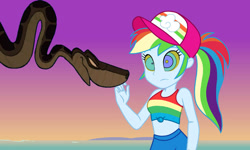 Size: 770x462 | Tagged: safe, artist:ocean lover, edit, vector edit, rainbow dash, python, snake, equestria girls, equestria girls series, g4, spring breakdown, spoiler:eqg series (season 2), antagonist, beach, cap, clothes, crossover, disney, evil grin, front knot midriff, gradient background, grin, hat, hypno dash, hypno eyes, hypnosis, hypnotized, kaa, kaa eyes, link, link in description, looking at each other, looking at someone, midriff, multicolored hair, ocean, outdoors, ponytail, purple sky, rainbow hair, smiling, story in the source, sunset, tank top, the legend of zelda, this will not end well, thumbnail, vector, water, youtube link, youtube thumbnail