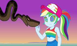 Size: 770x462 | Tagged: safe, artist:ocean lover, edit, vector edit, rainbow dash, python, snake, equestria girls, equestria girls specials, g4, my little pony equestria girls: better together, my little pony equestria girls: spring breakdown, antagonist, beach, cap, clothes, crossover, disney, evil smile, front knot midriff, gradient background, grin, hat, hypno dash, hypno eyes, hypnosis, hypnotized, kaa, kaa eyes, link, link in description, looking at each other, looking at someone, midriff, multicolored hair, ocean, outdoors, ponytail, purple sky, rainbow hair, smiling, story in the source, sunset, tank top, the legend of zelda, this will not end well, thumbnail, vector, water, youtube link, youtube thumbnail