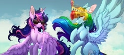 Size: 1929x857 | Tagged: safe, artist:chocori, rainbow dash, twilight sparkle, alicorn, pegasus, pony, g4, big crown thingy, cloud, concave belly, crown, duo, duo female, element of magic, eyebrows, eyebrows visible through hair, eyes closed, female, flying, hoof on chest, jewelry, personality swap, regalia, role reversal, sky, smiling, spread wings, sunglasses, twilight sparkle (alicorn), watermark, wings