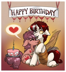 Size: 1875x2048 | Tagged: safe, artist:opalacorn, oc, oc only, oc:biepbot, oc:mango dream, changeling, earth pony, pony, waspling, banner, birthday cake, cake, changeling oc, commission, duo, duo male and female, eyes closed, female, floppy ears, food, gradient background, heart, male, mare, nuzzling, pictogram