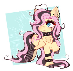 Size: 1021x991 | Tagged: safe, artist:kitoreii, fluttershy, pegasus, pony, g4, ahoge, alternate hair color, black hooves, blue eyes, blushing, bracelet, chest fluff, choker, clothes, colored hooves, colored pinnae, dyed mane, ear piercing, emo, emoshy, eyelashes, eyeshadow, frown, hair over one eye, hoof polish, jewelry, leg fluff, leg warmers, makeup, messy mane, messy tail, multicolored mane, multicolored tail, piercing, raised hoof, simple background, socks, solo, spiked choker, spiked wristband, standing, striped socks, studded bracelet, studded choker, tail, two toned mane, unshorn fetlocks, wingding eyes, wings, wings down, wristband