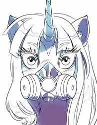 Size: 2074x2662 | Tagged: safe, artist:opalacorn, oc, oc only, oc:lavender haze, pony, unicorn, bust, commission, eyebrows, eyebrows visible through hair, female, gas mask, looking at you, mare, mask, monochrome, simple background, solo, white background