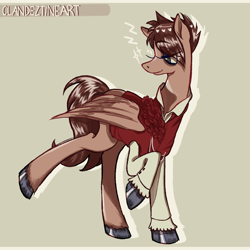 Size: 900x900 | Tagged: safe, artist:clandeztineart, pegasus, pony, bags under eyes, clothes, colored hooves, colored wings, colored wingtips, eyelashes, hoof polish, long eyelashes, male, panic! at the disco, ponified, raised hoof, raised hooves, ryan ross, shiny hooves, shiny mane, shiny tail, shirt, simple background, smiling, solo, sparkles, stallion, standing, two toned wings, vest, wingding eyes, wings