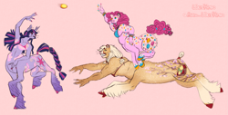 Size: 2337x1188 | Tagged: safe, artist:alphawerehimbo, applejack, pinkie pie, twilight sparkle, taur, g4, ball, bikini, blonde, blue eyes, body freckles, bracelet, braid, braided tail, breasts, clothes, coat markings, colored hooves, colored muzzle, colored nails, crossover, curly hair, fangs, female, freckles, gradient hooves, green eyes, horn, jewelry, jumping, lynel, multicolored hair, multicolored tail, pink background, pink eyes, pink hair, pink tail, playing, ponytail, ponytails, running, sharp nails, short tail, signature, simple background, smiling, straight hair, swimsuit, tail, the legend of zelda, throwing, tied tail, trio, trio female, unshorn fetlocks, yellow hair, yellow tail