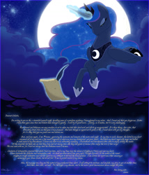 Size: 1300x1516 | Tagged: safe, artist:alshin, princess luna, alicorn, pony, g4, armor, bedroom eyes, cloud, cloudy, crossed hooves, cursive writing, eyes closed, female, glowing, glowing horn, horn, letter, lidded eyes, lying down, magic, mare, moon, night, on a cloud, prone, quill, sitting, sitting on a cloud, sky background, smiling, solo, stars, telekinesis, text, white text, writing