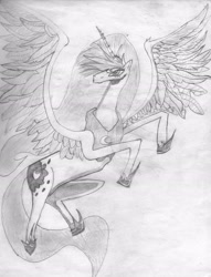 Size: 2150x2816 | Tagged: safe, artist:thundercloud, princess luna, alicorn, pony, g4, armor, feathered wings, female, flying, high res, horn, long horn, monochrome, no mouth, solo, traditional art, wings