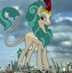 Size: 1013x1024 | Tagged: safe, artist:jennieoo, edit, editor:jaredking779, rain shine, kirin, g4, attack on pony, australia, eyeshadow, female, giant pony, giantess, highrise ponies, irl, leonine tail, lidded eyes, macro, makeup, melbourne, photo, ponies in real life, red eyes, solo, standing, story included, tail