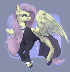 Size: 2006x2052 | Tagged: safe, artist:hard817, fluttershy, pegasus, pony, g4, cheek fluff, clothes, dress, female, fluttergoth, high res, lidded eyes, mare, purple background, signature, simple background, solo, turned head
