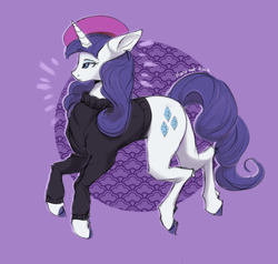 Size: 2417x2301 | Tagged: safe, artist:hard817, rarity, pony, unicorn, g4, beatnik rarity, beret, clothes, female, hat, high res, lidded eyes, mare, purple background, signature, simple background, solo, sweater