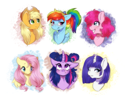 Size: 3099x2493 | Tagged: safe, artist:mojmojsanna, applejack, fluttershy, pinkie pie, rainbow dash, rarity, twilight sparkle, alicorn, earth pony, pegasus, pony, unicorn, g4, alternate hairstyle, blush lines, blushing, bowl cut, bust, chest fluff, eye clipping through hair, grin, high res, looking up, loose hair, mane six, one eye closed, pigtails, ponytail, portrait, rainbow dash is not amused, redraw, short hair, short mane, simple background, smiling, sweat, twilight sparkle (alicorn), twintails, unamused, white background, wink