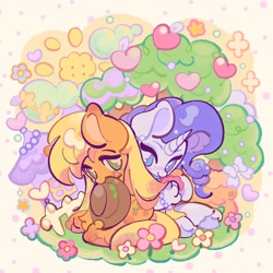 Size: 2048x2048 | Tagged: safe, artist:yanyannonoz, applejack, rarity, earth pony, pony, unicorn, g4, alternate hairstyle, applejack's hat, blue eyes, bow, bracelet, bubble, building, colored eartips, colored hooves, colored pinnae, cowboy hat, cute, duo, duo female, ear piercing, earring, female, fence, flower, freckles, grass, green eyes, hair, hat, heart, holding, horn, jackabetes, jewelry, lesbian, long mane, looking at each other, looking at someone, mare, mouth hold, multicolored eyes, piercing, purple mane, raribetes, ship:rarijack, shipping, sitting, smiling, sun, tail, tree, unshorn fetlocks, wavy mane, wingding eyes, yellow mane, yellow tail