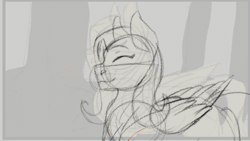 Size: 560x315 | Tagged: safe, artist:jazzwolfblaze, fluttershy, pegasus, pony, g4, animated, eyes closed, female, forest, frame by frame, gif, grayscale, looking up, mare, monochrome, nature, sketch, smiling, solo, traditional animation, tree, walking, wip