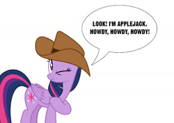 Size: 1588x1123 | Tagged: artist needed, safe, twilight sparkle, alicorn, pony, g4, once upon a zeppelin, cowboy hat, female, hat, mare, movie reference, one eye closed, simple background, solo, speech bubble, toy story, twilight sparkle (alicorn), white background, wink