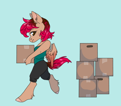 Size: 1600x1400 | Tagged: safe, artist:sinclair2013, oc, oc only, oc:sinclair, pegasus, anthro, unguligrade anthro, 2020, box, moving, simple background, solo, sweat, sweatdrop