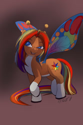 Size: 1200x1800 | Tagged: safe, artist:noben, oc, oc only, oc:alynna, flutter pony, antennae, female, multicolored hair, rainbow hair, solo, spread wings, wings