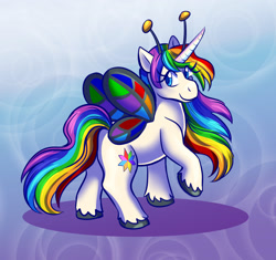 Size: 1401x1315 | Tagged: safe, artist:ryokonokalo, oc, oc only, oc:alynna, alicorn, flutter pony, pony, flutter pony alicorn, multicolored hair, rainbow hair, raised hoof, solo