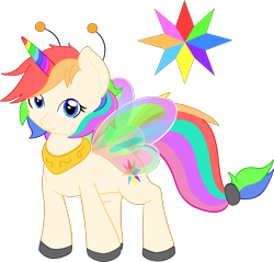 Size: 4000x3831 | Tagged: safe, artist:bluebean, oc, oc only, oc:alynna, alicorn, breezie, flutter pony, pony, unicorn, antenna, butterfly wings, commission, cutie mark, female, flutter pony alicorn, high res, horn, jewelry, mare, multicolored hair, rainbow, rainbow hair, regalia, simple background, smiling, solo, transparent background, wings