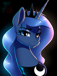 Size: 2304x3072 | Tagged: safe, artist:theuser, derpibooru exclusive, princess luna, alicorn, pony, g4, bust, eyebrows, eyebrows visible through hair, female, high res, jewelry, looking at you, mare, portrait, simple background, smiling, smiling at you, smirk, solo, tiara