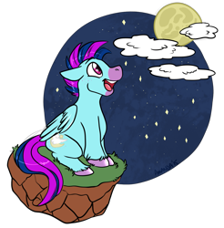 Size: 1259x1280 | Tagged: safe, artist:amanda, oc, oc only, pegasus, pony, moon, night, open mouth, open smile, simple background, sitting, smiling, solo, transparent background, unshorn fetlocks