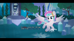 Size: 1920x1080 | Tagged: safe, alternate character, alternate version, artist:lovinglypromise, oc, oc:lovely promise, alicorn, crystal pony, pony, alternate universe, crystal empire, female, garden, not flurry heart, offspring, palindrome get, parent:princess cadance, parent:shining armor, parents:shiningcadance, royalty, sad, snow, snowflake, solo, water