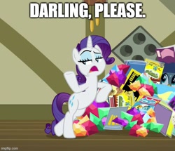 Size: 581x499 | Tagged: safe, edit, edited screencap, screencap, gabby, rarity, dragon dropped, g4, bipedal, bipedal leaning, caption, darling, gem, image macro, imgflip, leaning, please, post office, rarity being rarity, sassy, text