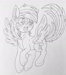 Size: 2385x2730 | Tagged: safe, artist:pinkamena_exe, rainbow dash, pegasus, pony, g4, blushing, chest fluff, flying, grin, raised hoof, smiling, solo, spread wings, traditional art, wings