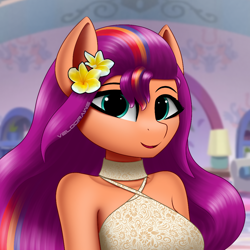 Size: 2000x2000 | Tagged: safe, artist:aryatheeditor, sunny starscout, earth pony, anthro, g5, bare shoulders, beautiful, crystal brighthouse, cute, dream, flower, flower in hair, half body, mane stripe sunny, pretty, sleeveless, sunnybetes