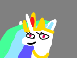 Size: 400x300 | Tagged: safe, artist:goofyartist4451, princess celestia, g4, bust, crown, ear fluff, goofy, gray background, horn, jewelry, long horn, multicolored hair, regalia, simple background, smiling