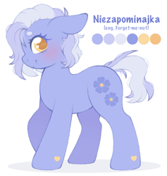 Size: 1861x1959 | Tagged: safe, artist:adostume, oc, oc only, oc:niezapominajka, earth pony, blushing, color palette, cutie mark, digital art, looking at you, messy mane, raised hoof, reference sheet, simple background, standing, white background