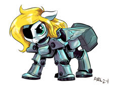 Size: 4488x3228 | Tagged: safe, artist:lytlethelemur, oc, oc only, oc:swift wing, pegasus, pony, fallout equestria, armor, eyepatch, female, mare, pegasus oc, power armor, simple background, solo, white background, wings