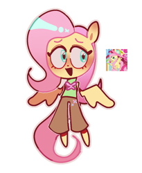 Size: 928x1134 | Tagged: safe, artist:lizbee0820, fluttershy, pegasus, pony, anthro, plantigrade anthro, g4, blushing, clothes, colored eyebrows, cutie mark on clothes, ear blush, hands behind back, looking away, open mouth, open smile, outline, pants, pink hair, pink tail, screencap reference, shirt, simple background, smiling, solo, spread wings, tail, teal eyes, white background, wingding eyes, wings, yellow coat