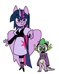 Size: 1030x1293 | Tagged: safe, artist:lizbee0820, spike, twilight sparkle, alicorn, dragon, pony, anthro, plantigrade anthro, g4, :o, bra, clothes, colored eyebrows, crop top bra, cutie mark on clothes, dress, duo, duo male and female, eye clipping through hair, eyebrows, eyebrows visible through hair, fangs, female, fishnet clothing, green eyes, long hair, long sleeves, long tail, looking at you, male, multicolored hair, multicolored tail, open mouth, partially open wings, purple eyes, simple background, smiley face, smiling, straight hair, straight tail, sweater, tail, twilight sparkle (alicorn), underwear, white background, wings