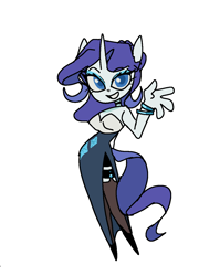 Size: 1030x1293 | Tagged: safe, artist:lizbee0820, rarity, unicorn, anthro, plantigrade anthro, g4, blue eyes, bracelet, choker, clothes, dress, eyeshadow, female, grin, horn, jewelry, makeup, purple hair, purple tail, simple background, smiling, solo, stockings, tail, teeth, thigh highs, waving, wavy hair, wavy tail, white background