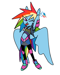 Size: 1030x1293 | Tagged: safe, artist:lizbee0820, rainbow dash, pegasus, anthro, plantigrade anthro, g4, bra, clothes, crop top bra, ear piercing, earring, exposed belly, eye clipping through hair, eyebrows, eyebrows visible through hair, jacket, jewelry, knee pads, leggings, multicolored hair, multicolored tail, one eye closed, partially open wings, piercing, pink eyes, rainbow hair, rainbow tail, shoes, simple background, skirt, sneakers, solo, standing, stretching, tail, tomboy, tongue out, underwear, white background, wings