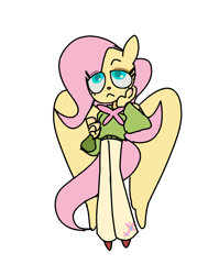 Size: 1030x1293 | Tagged: safe, artist:lizbee0820, fluttershy, pegasus, anthro, g4, :c, clothes, frown, hand on cheek, looking up, pants, shirt, shoes, simple background, solo, white background, wings
