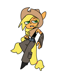 Size: 1030x1293 | Tagged: safe, artist:lizbee0820, applejack, earth pony, anthro, g4, clothes, cowboy hat, hat, pants, simple background, solo, teeth, unamused, white background