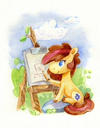 Size: 742x950 | Tagged: safe, artist:maytee, oc, oc only, oc:maytee, earth pony, pony, easel, pencil, solo, traditional art, two toned mane