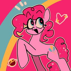 Size: 1140x1140 | Tagged: safe, artist:lizbee0820, pinkie pie, earth pony, pony, g4, abstract background, concave belly, eyelashes, female, heart, looking back, mare, open mouth, open smile, pink coat, raised hoof, slender, smiling, solo, sparkles, thin, turned head, wingdings