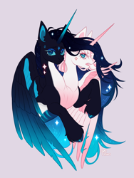 Size: 3000x4000 | Tagged: safe, artist:miurimau, oc, oc only, alicorn, pony, alicorn oc, bust, commission, conjoined, conjoined twins, constellation hair, duo, duo female, ethereal mane, female, gray background, high res, horn, looking at you, mare, multiple heads, open mouth, simple background, starry mane, two heads, two heads are better than one, two heads are sexier than one, wings