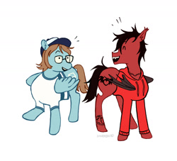 Size: 1849x1681 | Tagged: safe, artist:dunderbread, bat pony, pegasus, pony, black mane, brown mane, clothes, ear tufts, eyes closed, fall out boy, fangs, folded wings, glasses, grin, hat, hoodie, messy mane, messy tail, patrick stump, pete wentz, ponified, raised hoof, shirt, simple background, smiling, t-shirt, tail, tattoo, white background, wings