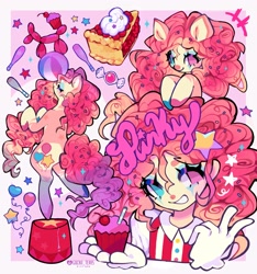 Size: 1913x2048 | Tagged: safe, artist:gochiitears, pinkie pie, earth pony, human, g4, abstract background, alternate design, ball, balloon, balloon animal, circus, clothes, clown, clown makeup, colored hooves, cupcake, food, gloves, grin, juggling, makeup, pie, smiling, stars