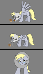 Size: 1920x3240 | Tagged: safe, artist:platinumdrop, derpy hooves, pegasus, pony, g4, 3 panel comic, adorable distress, comic, commission, crying, cute, ears back, elizabethan collar, female, floppy ears, folded wings, food, frown, gray background, looking at something, looking at you, looking down, looking down at you, mare, muffin, muffin denial, sad, sad pony, sadorable, simple background, solo, spread wings, tears of sadness, teary eyes, tongue out, wings