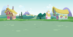Size: 3094x1587 | Tagged: safe, artist:culu-bluebeaver, edit, vector edit, background, cloud, digital, digital art, flower, hill, houses, mountain, no pony, ponyville, scenery, tree, vector