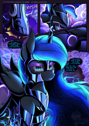 Size: 2499x3536 | Tagged: safe, artist:orion_illustrates, nightmare moon, alicorn, pony, comic:tales of the unseen, friendship is magic, g4, armor, comic, cutie mark, detailed background, dialogue, eyeshadow, folded wings, glowing, glowing cutie mark, glowing horn, glowing mane, hoof shoes, horn, looking at you, makeup, princess shoes, redesign, solo, speech bubble, wings