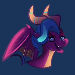 Size: 1521x1521 | Tagged: safe, artist:mazetail, blaize skysong, dragon, g4, g5, blue background, bust, dragoness, eyebrows, fangs, female, g5 to g4, generation leap, horns, looking at you, open mouth, open smile, portrait, raised eyebrow, simple background, smiling, solo, spread wings, wings
