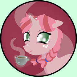 Size: 2400x2400 | Tagged: safe, artist:mazetail, oc, oc only, oc:maze tail, pony, unicorn, cup, female, food, freckles, glowing, glowing horn, horn, levitation, looking at you, magic, magic aura, smiling, solo, sparkles, steam, tea, teacup, telekinesis, unicorn oc