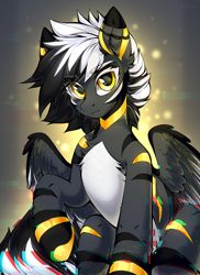 Size: 2895x3985 | Tagged: safe, artist:rico_chan, oc, oc only, oc:deka, pegasus, pony, commission, error, glitch, gold, half body, looking at you, male, raised hoof, simple background, solo, stallion, yellow eyes