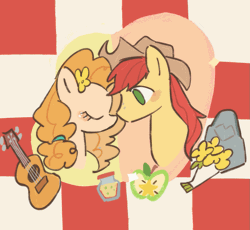 Size: 1113x1022 | Tagged: safe, artist:xiaowangzidemianyang, bright mac, pear butter, earth pony, pony, g4, abstract background, animated, duo, eyes closed, female, flower, gif, guitar, male, mare, musical instrument, picnic blanket, romantic, ship:brightbutter, shipping, stallion, straight