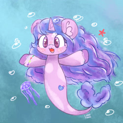 Size: 2160x2160 | Tagged: safe, artist:limitmj, idw, izzy moonbow, jellyfish, seapony (g4), starfish, unicorn, g5, 2024, blushing, bubble, crepuscular rays, cute, dorsal fin, ear fluff, female, fin, fish tail, flowing mane, flowing tail, horn, izzybetes, looking at you, mare, ocean, open mouth, open smile, scales, seaponified, seapony izzy moonbow, set your sail, signature, smiling, species swap, spread arms, sunlight, swimming, tail, underwater, unshorn fetlocks, water
